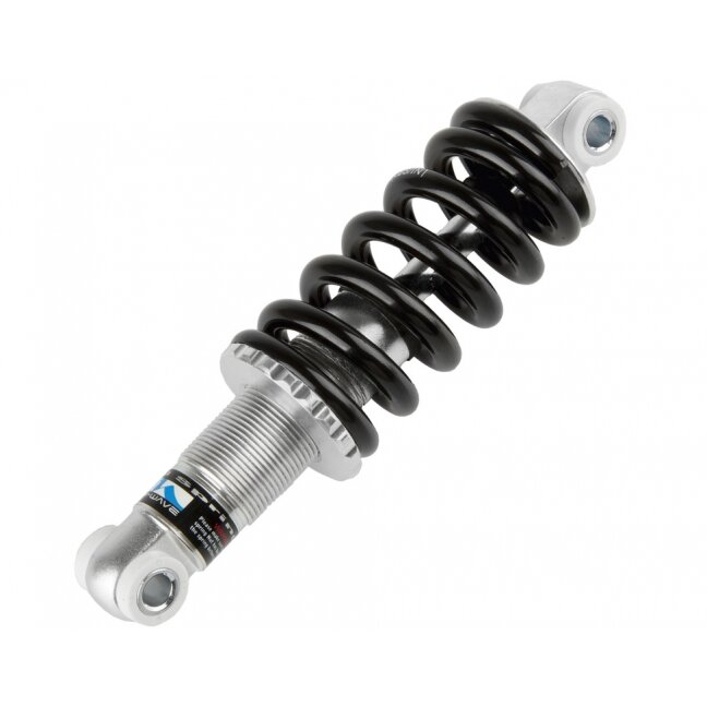 shock-absorber M-WAVE, for rear-stays, alloy silver, adjustable, with black steel spring 650 lbs, with holes with diamet 1 shock-absorber M-WAVE, for rear-stays, alloy silver, adjustable, with black steel spring 650 lbs, with holes with diamet 1