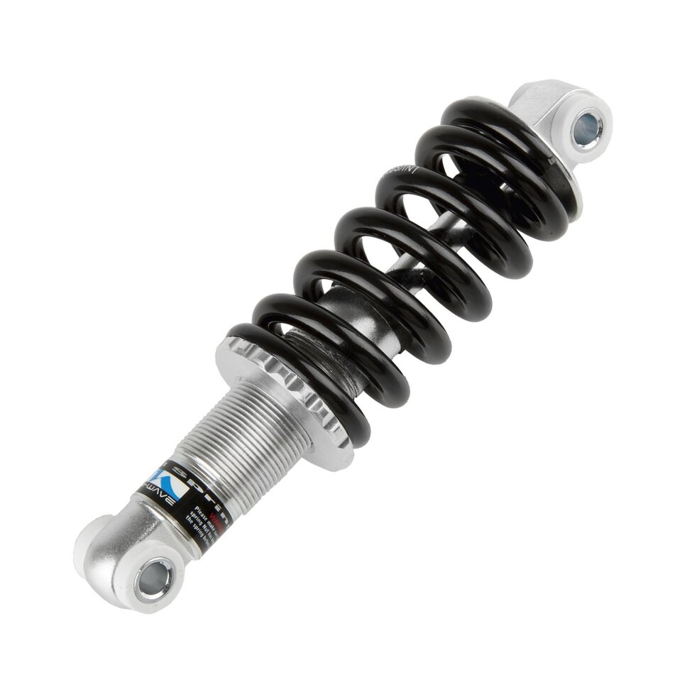 shock-absorber M-WAVE, for rear-stays, alloy silver, adjustable, with black steel spring 650 lbs, with holes with diamet 1