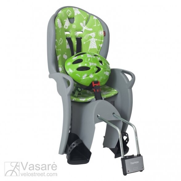 Vaikiška kėdutė ant galo Hamax Kiss pilka/žalia su šalmu